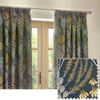 Floral Blue Curtains - Ophelia Fully Lined Jacquard Floral Pencil Pleat Curtains Blue/Saffron Wylder