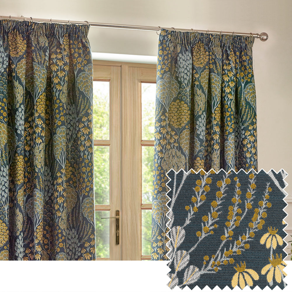 Floral Blue Curtains - Ophelia Fully Lined Jacquard Floral Pencil Pleat Curtains Blue/Saffron Wylder