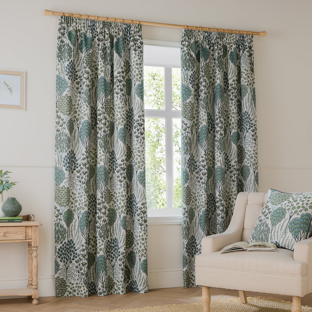 Floral Green Curtains - Ophelia Fully Lined Jacquard Floral Pencil Pleat Curtains Thyme/Mineral Wylder