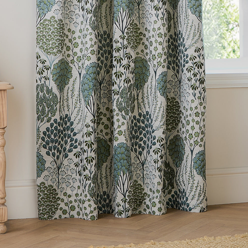 Floral Green Curtains - Ophelia Fully Lined Jacquard Floral Pencil Pleat Curtains Thyme/Mineral Wylder