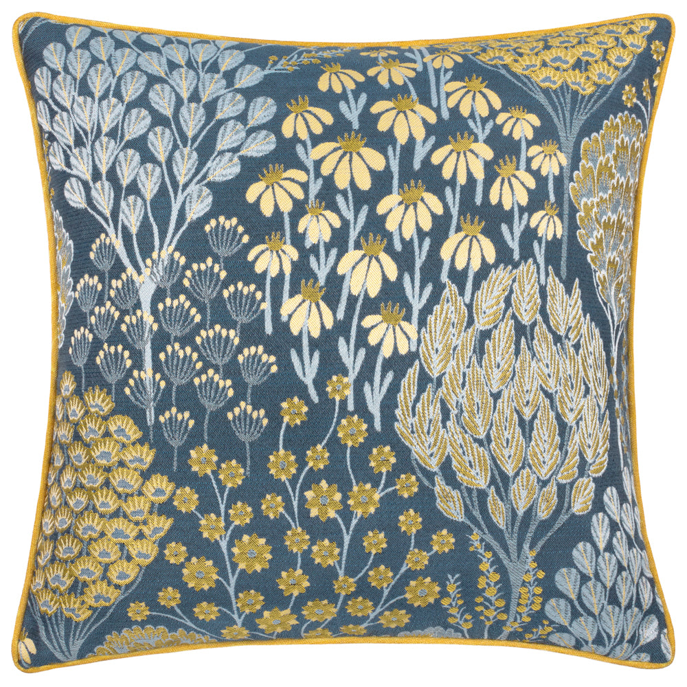 Floral Blue Cushions - Ophelia Floral Jacquard Cushion Cover Blue/Saffron Wylder