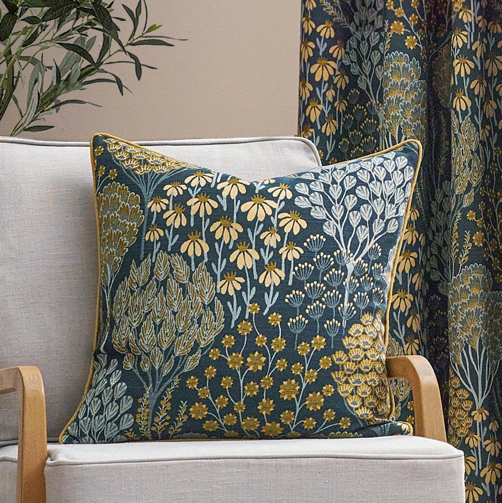 Floral Blue Cushions - Ophelia Floral Jacquard Cushion Cover Blue/Saffron Wylder