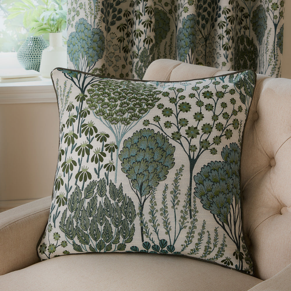 Floral Green Cushions - Ophelia Floral Jacquard Cushion Cover Thyme/Mineral Wylder