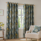 Floral Blue Curtains - Ophelia Fully Lined Floral Jacquard Eyelet Curtains Blue/Saffron Wylder