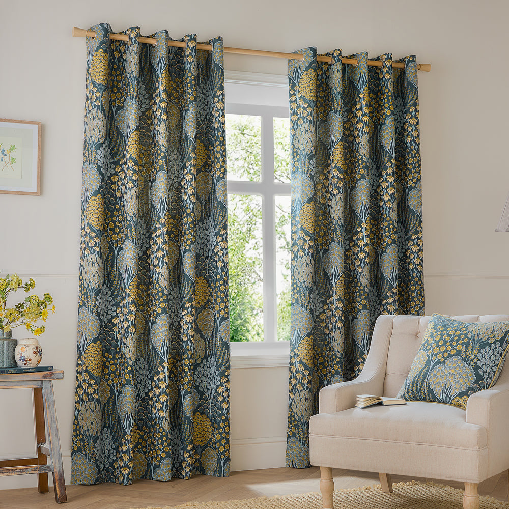 Floral Blue Curtains - Ophelia Fully Lined Floral Jacquard Eyelet Curtains Blue/Saffron Wylder