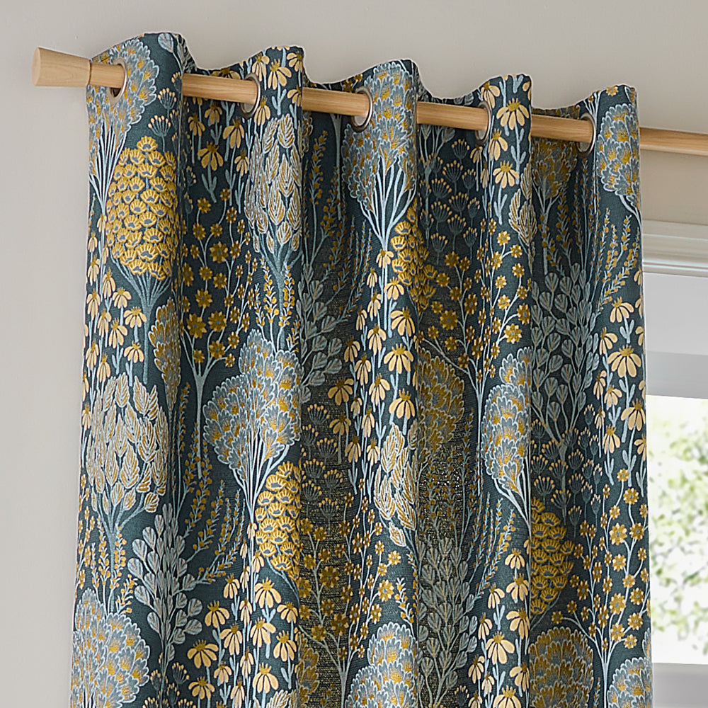 Floral Blue Curtains - Ophelia Fully Lined Floral Jacquard Eyelet Curtains Blue/Saffron Wylder