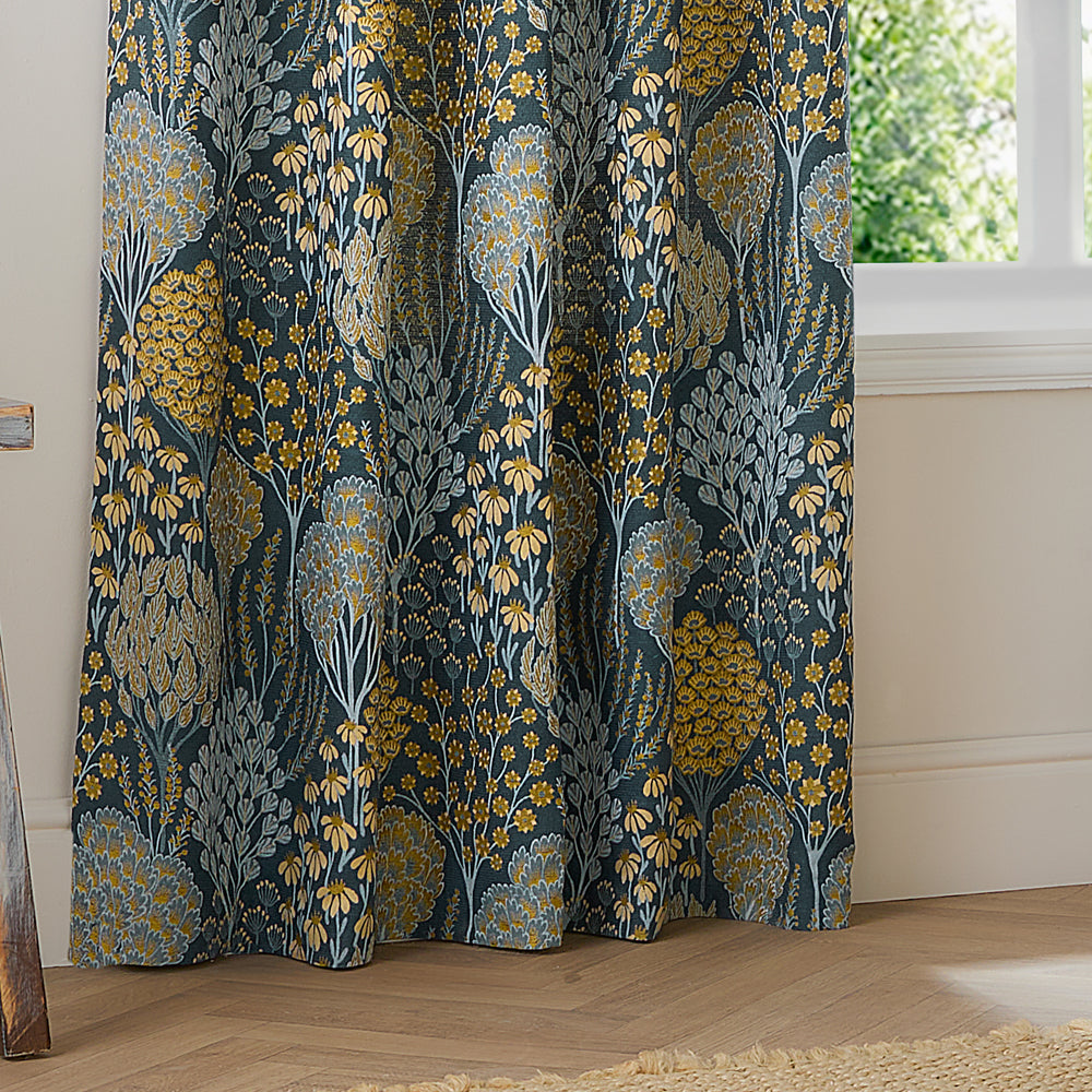 Floral Blue Curtains - Ophelia Fully Lined Floral Jacquard Eyelet Curtains Blue/Saffron Wylder
