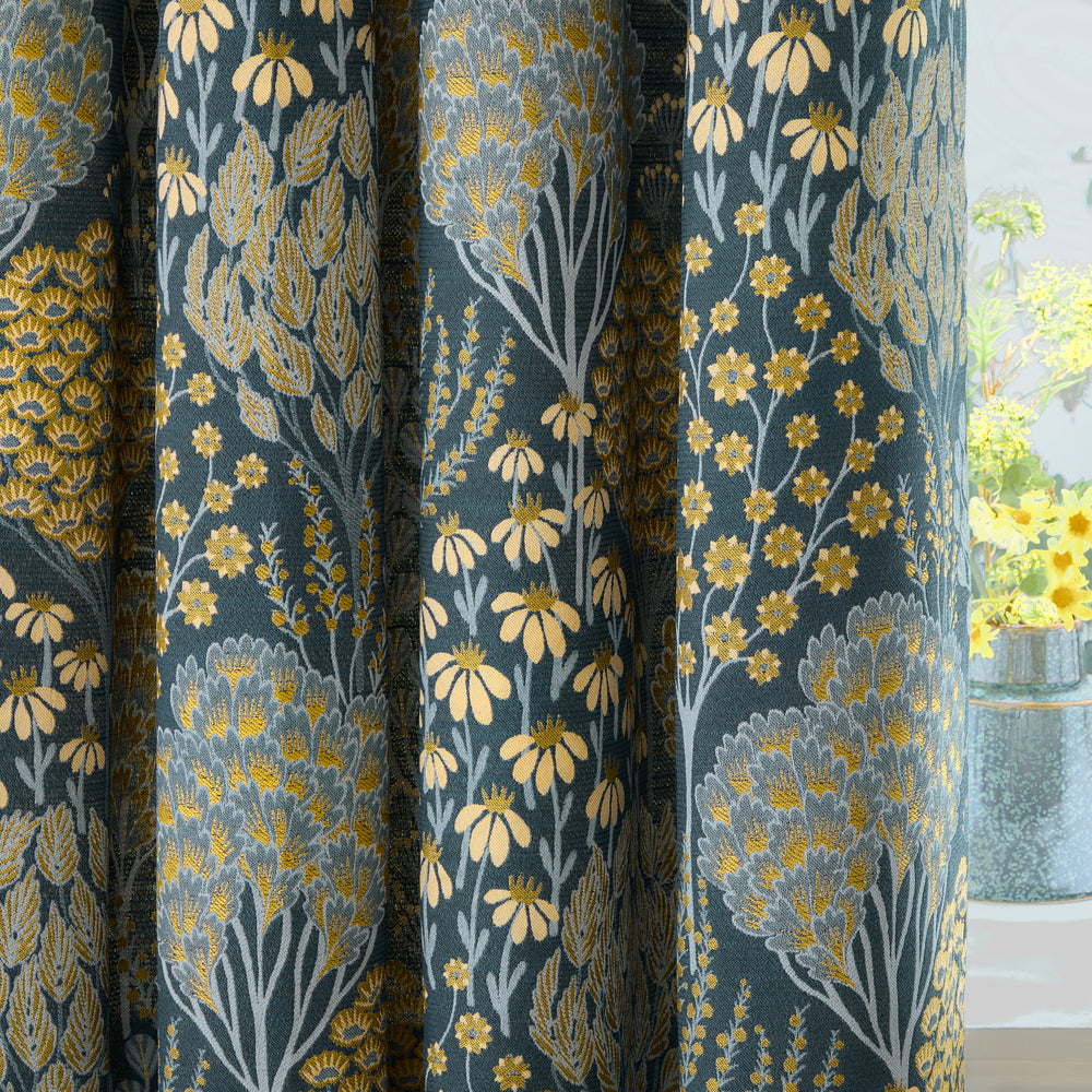 Floral Blue Curtains - Ophelia Fully Lined Floral Jacquard Eyelet Curtains Blue/Saffron Wylder
