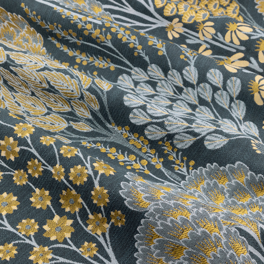 Floral Blue Curtains - Ophelia Fully Lined Floral Jacquard Eyelet Curtains Blue/Saffron Wylder