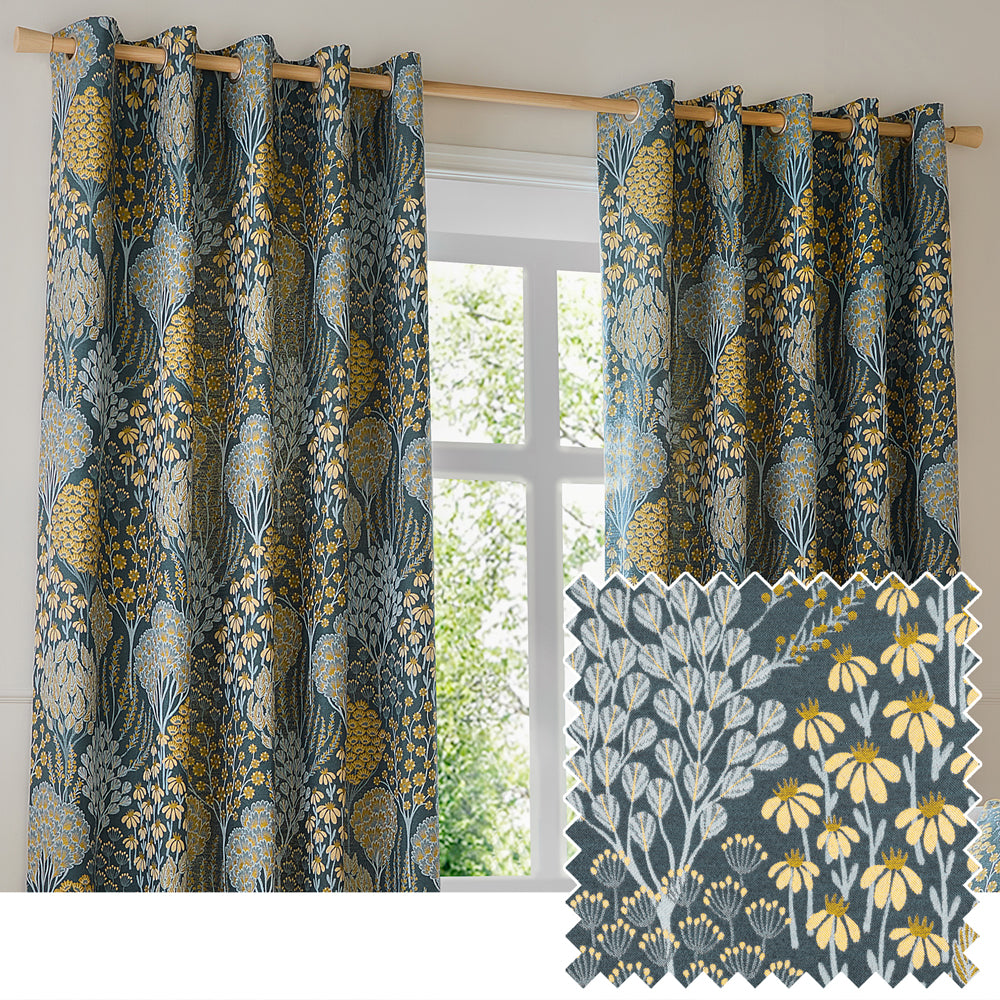 Floral Blue Curtains - Ophelia Fully Lined Floral Jacquard Eyelet Curtains Blue/Saffron Wylder
