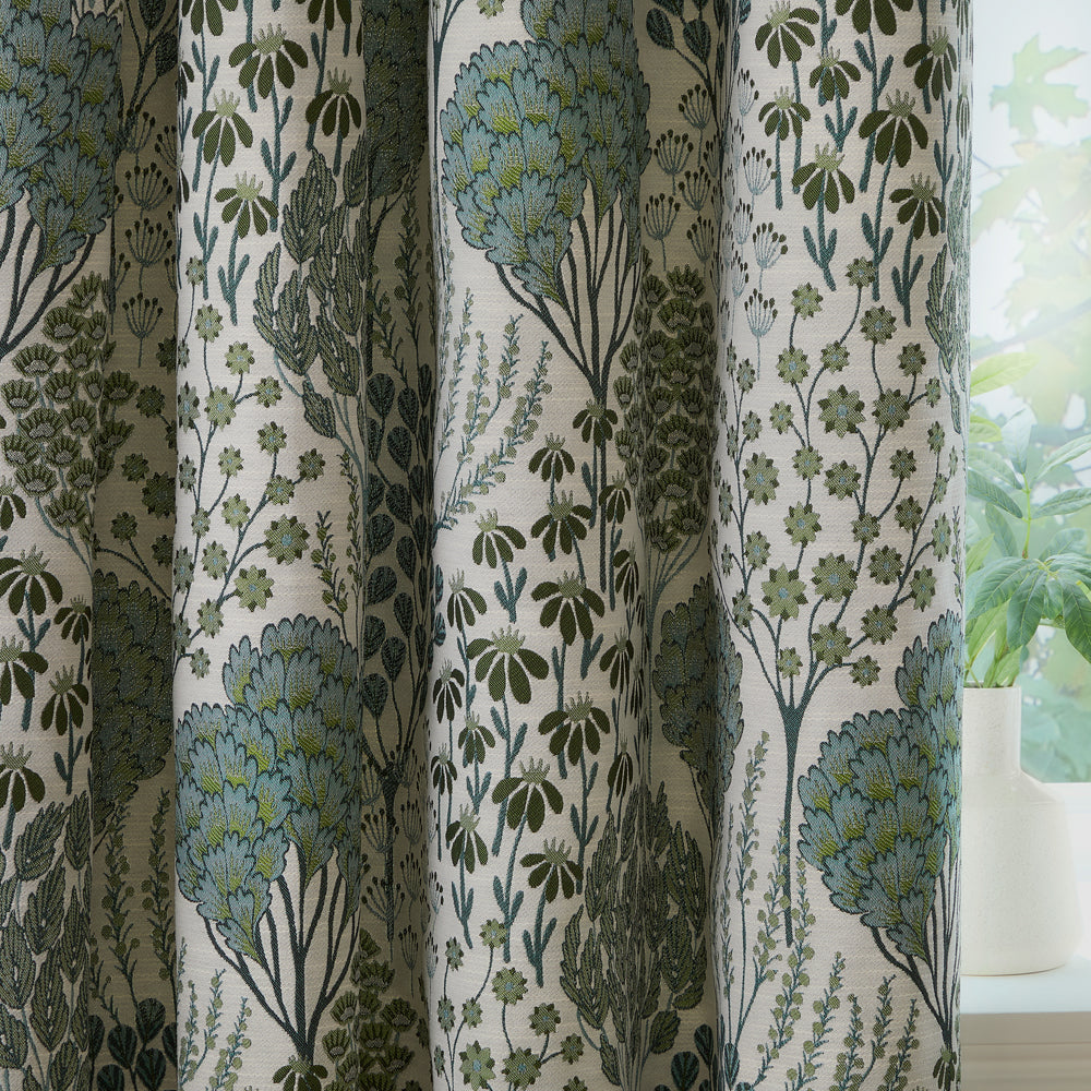 Floral Green Curtains - Ophelia Fully Lined Floral Jacquard Eyelet Curtains Thyme/Mineral Wylder