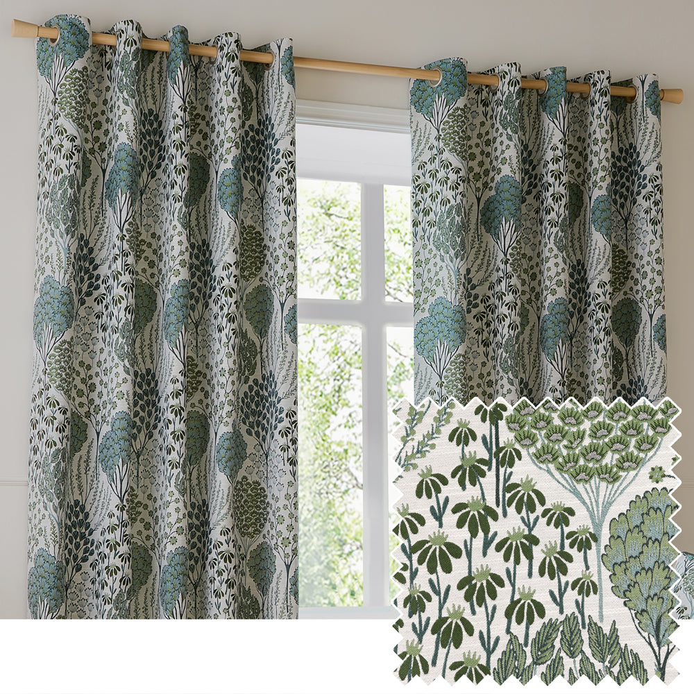 Floral Green Curtains - Ophelia Fully Lined Floral Jacquard Eyelet Curtains Thyme/Mineral Wylder
