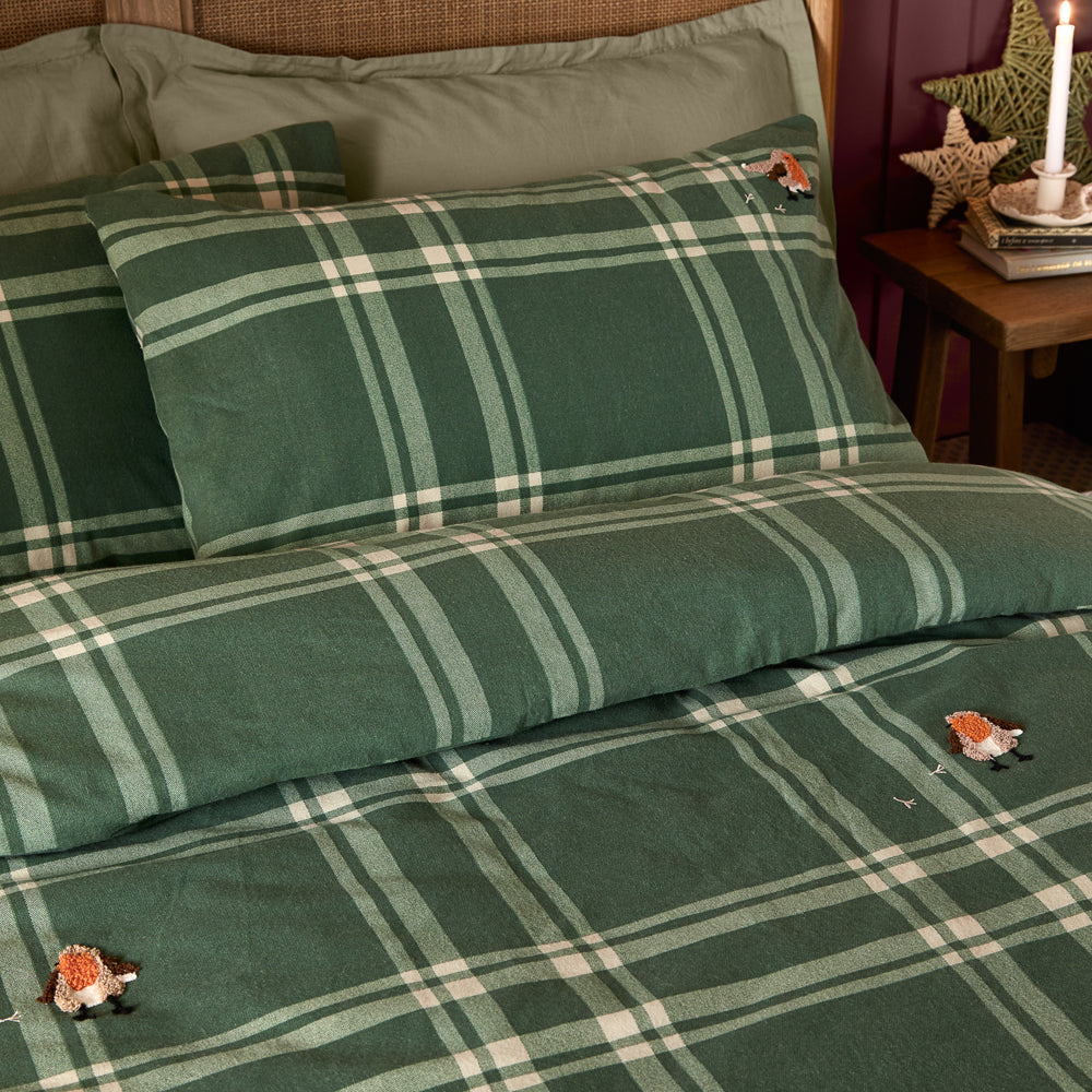 Check Green Bedding - Ramble Robin Tufted Brushed Cotton Duvet Cover Set Green Wylder