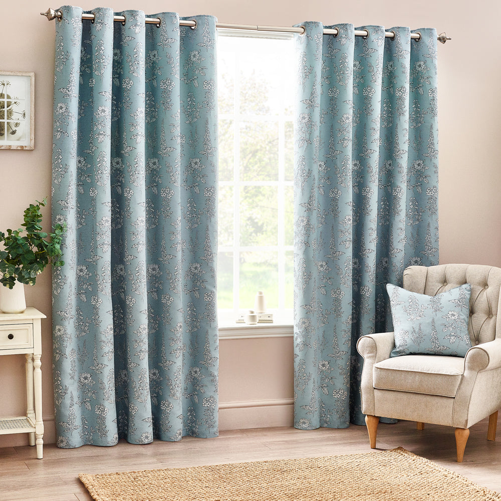 Floral Blue Curtains - Sophia Fully Lined Floral Jacquard Eyelet Curtains Blue Wylder