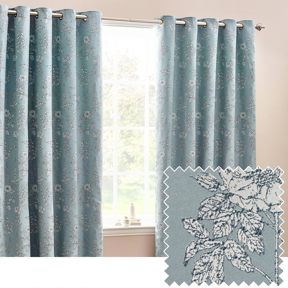Floral Blue Curtains - Sophia Fully Lined Floral Jacquard Eyelet Curtains Blue Wylder