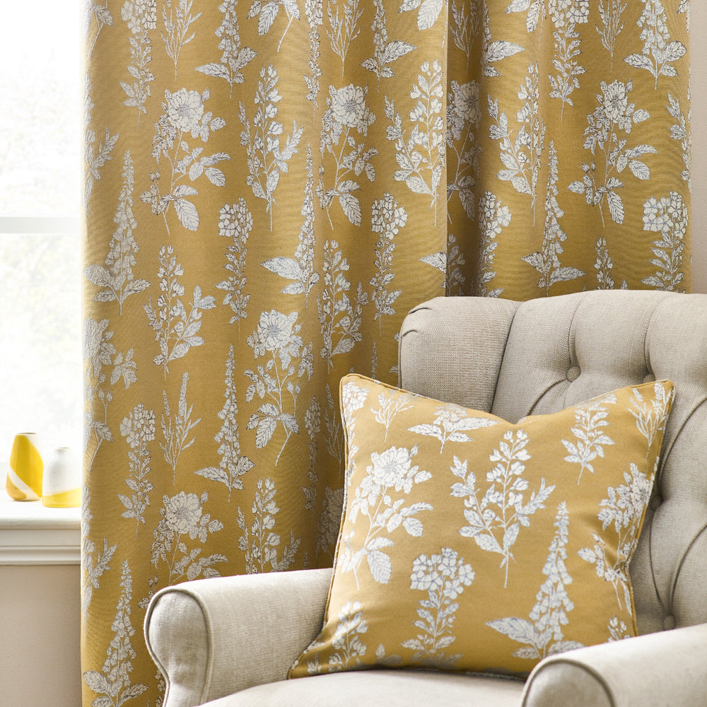 Floral Gold Curtains - Sophia Fully Lined Floral Jacquard Eyelet Curtains Gold Wylder