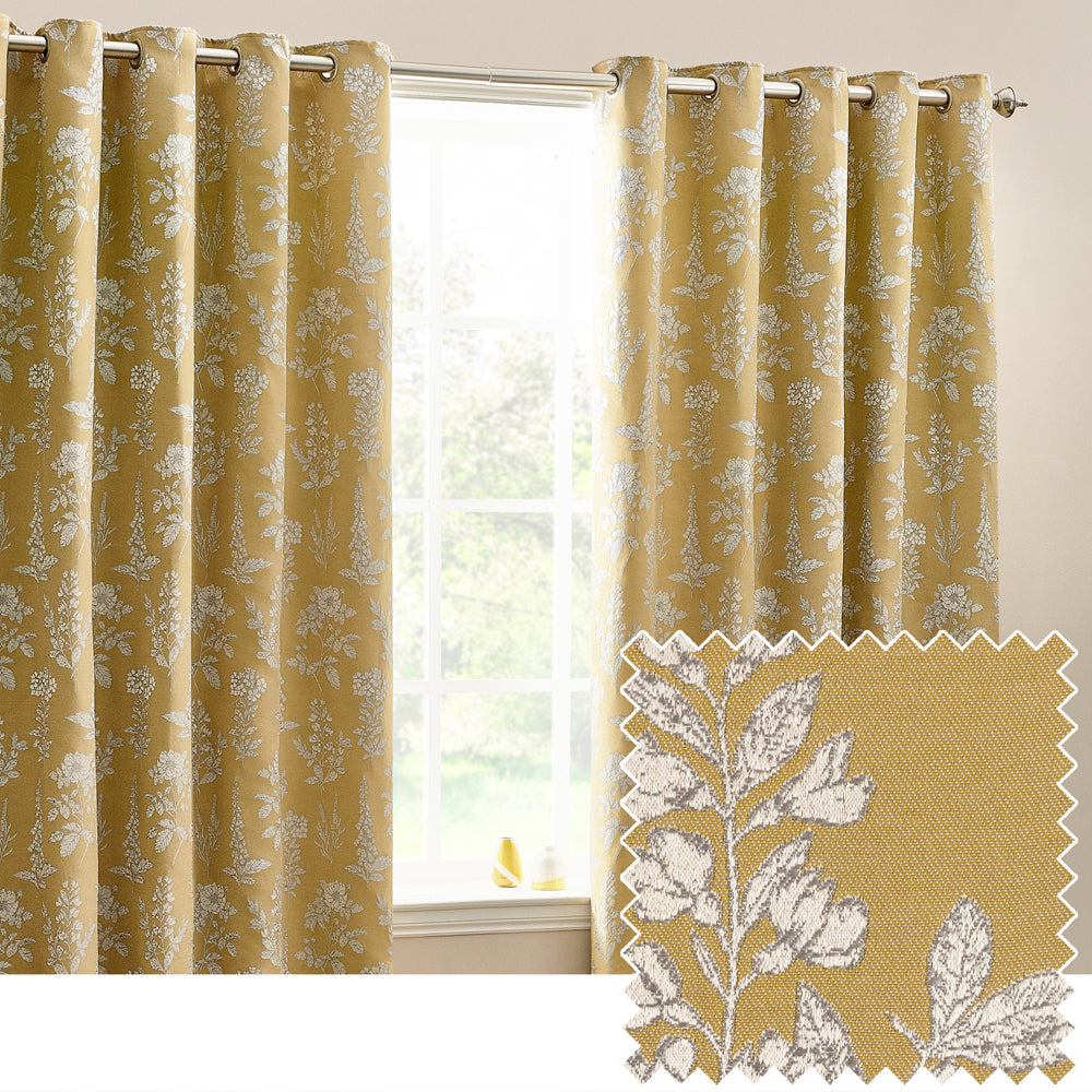 Floral Gold Curtains - Sophia Fully Lined Floral Jacquard Eyelet Curtains Gold Wylder