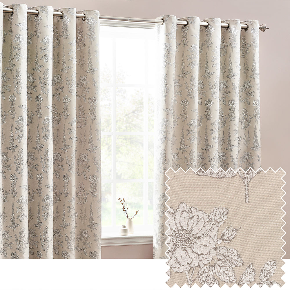 Floral Beige Curtains - Sophia Fully Lined Floral Jacquard Eyelet Curtains Natural Wylder