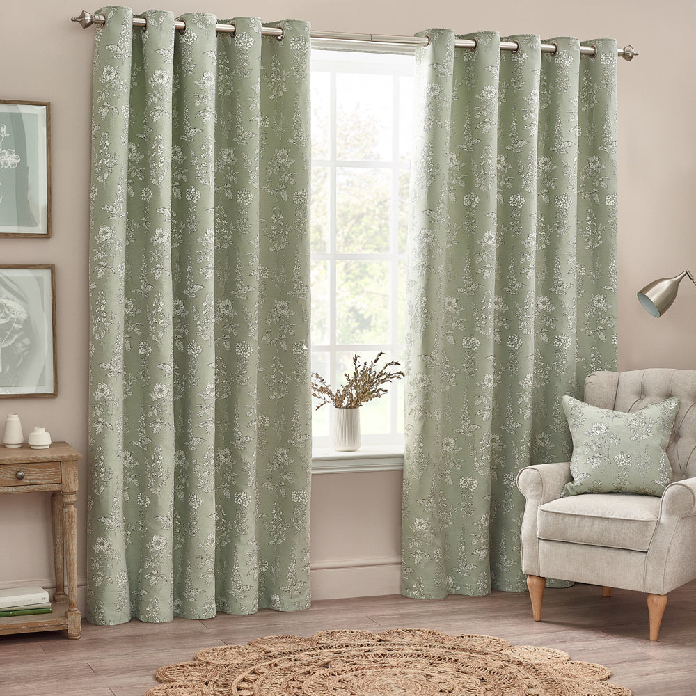 Floral Green Curtains - Sophia Fully Lined Floral Jacquard Eyelet Curtains Sage Wylder