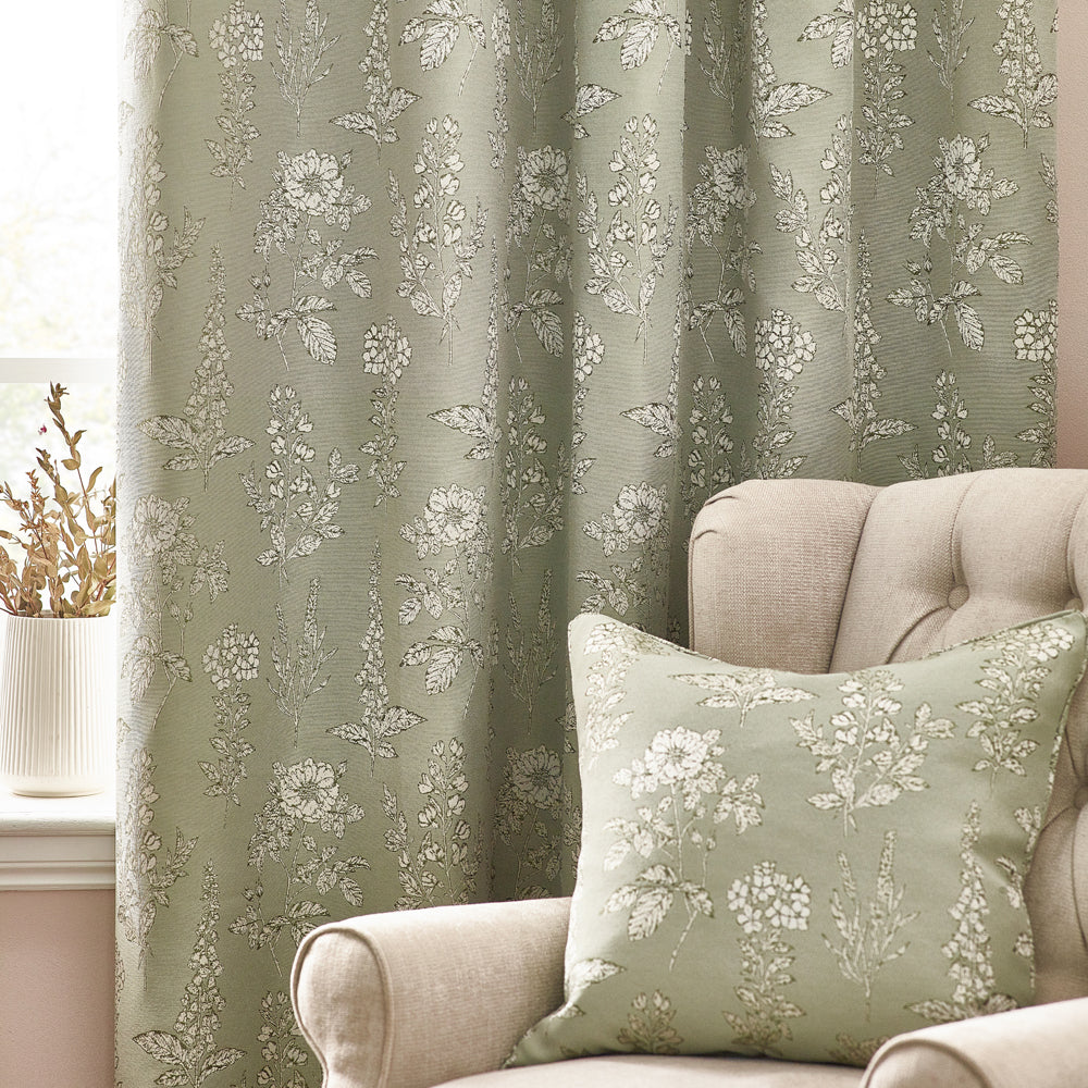 Floral Green Curtains - Sophia Fully Lined Floral Jacquard Eyelet Curtains Sage Wylder