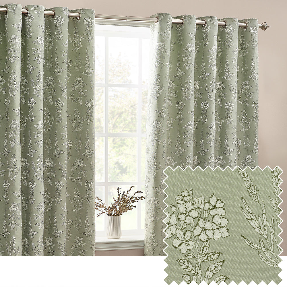 Floral Green Curtains - Sophia Fully Lined Floral Jacquard Eyelet Curtains Sage Wylder