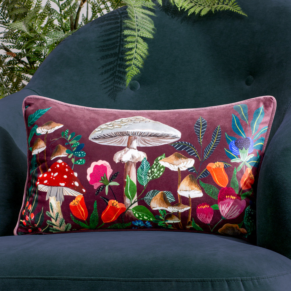Floral Red Cushions - Wild Garden Mushrooms Cushion Cover Wine Wylder