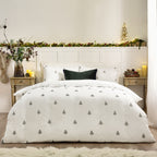 Woodland White Bedding  - Winter Forest 100% Cotton Embroidered Duvet Cover Set White/Forest green Wylder