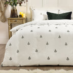 Woodland White Bedding  - Winter Forest 100% Cotton Embroidered Duvet Cover Set White/Forest green Wylder