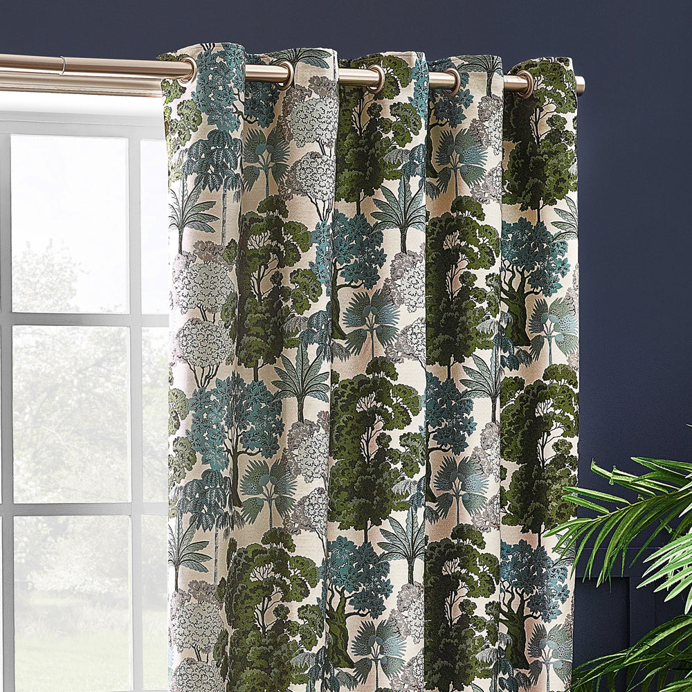 Floral Green Curtains - Woodlands Fully Lined Floral Jacquard Eyelet Curtains Green Wylder