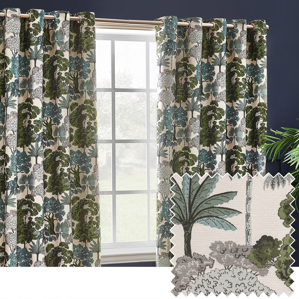 Floral Green Curtains - Woodlands Fully Lined Floral Jacquard Eyelet Curtains Green Wylder