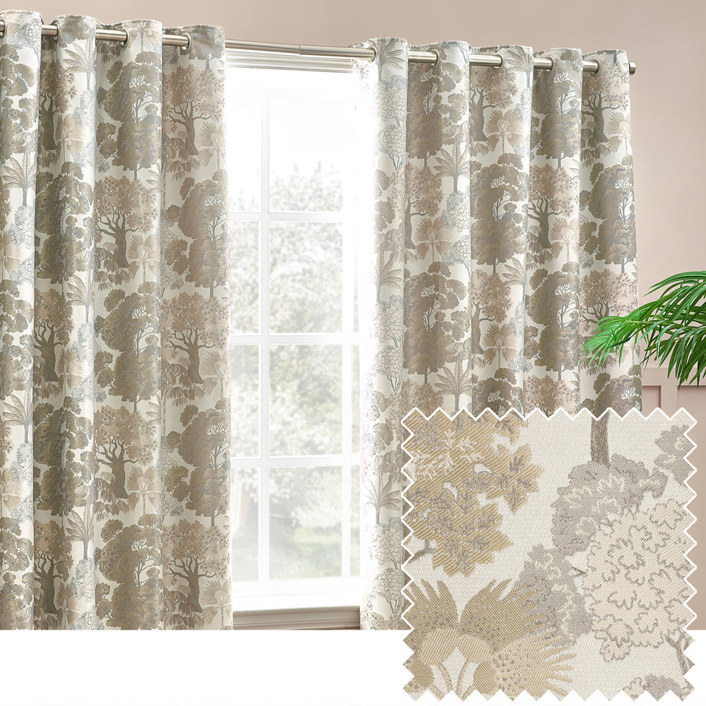 Floral Beige Curtains - Woodlands Fully Lined Floral Jacquard Eyelet Curtains Natural Wylder